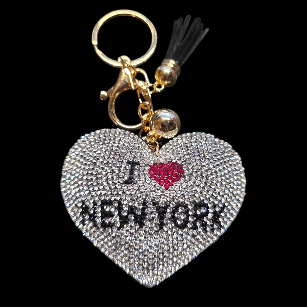 Heart Shaped New York Bag Charm Keychain with Crystals
